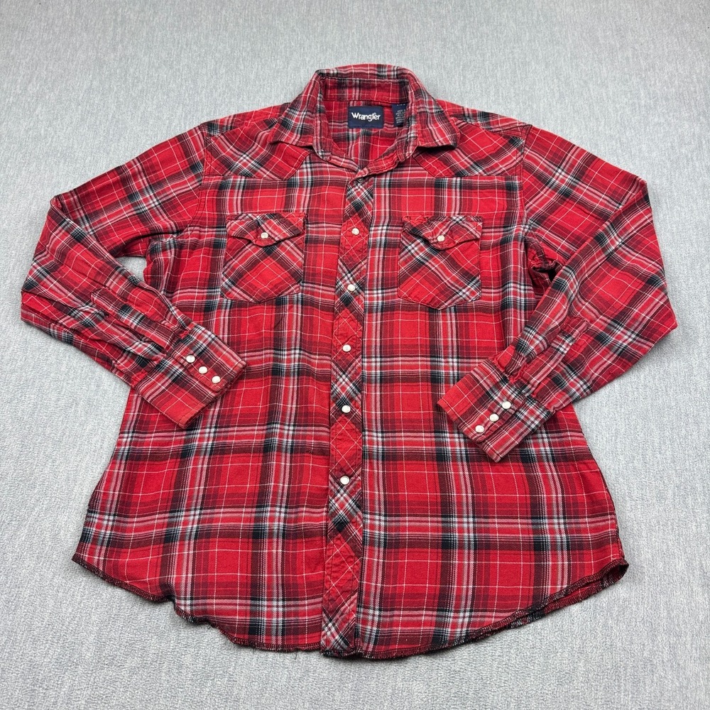 Wrangler Shirt Mens Large Red Plaid‎ Pearl Snap Western Rodeo Cowboy Button Up
